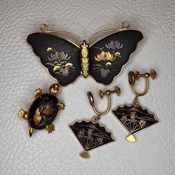 amita Jewelry - Vintage‎ Spanish Damascene Jewelry Lot Brooches Earrings Gold Inlay Amita